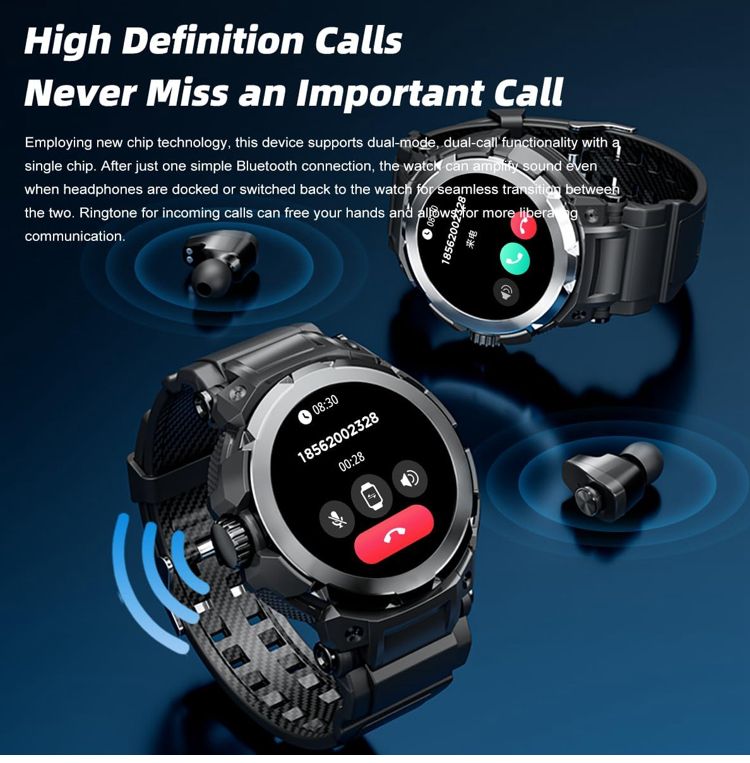 Smart Watch with Earbuds 3 in 1 Round Fitness Tracker 1.28inch Smartwatch for Men