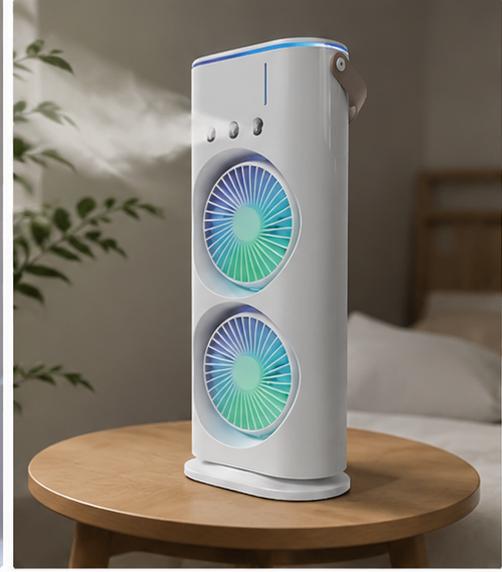 ❄️ Portable Dual Fan Air Cooler | مروحة تبريد مزدوجة محمولة مع رذاذ منعش