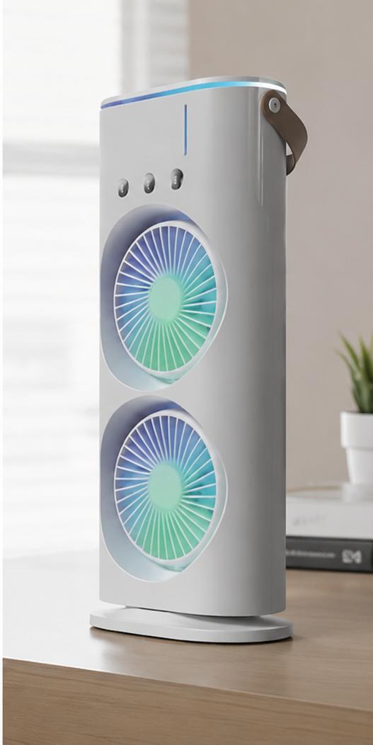 ❄️ Portable Dual Fan Air Cooler | مروحة تبريد مزدوجة محمولة مع رذاذ منعش