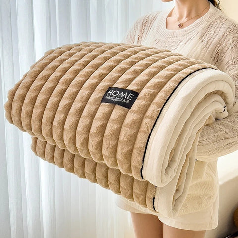 Luxury Double Layer Faux Rabbit Fur Throw Blanket Soft Warm